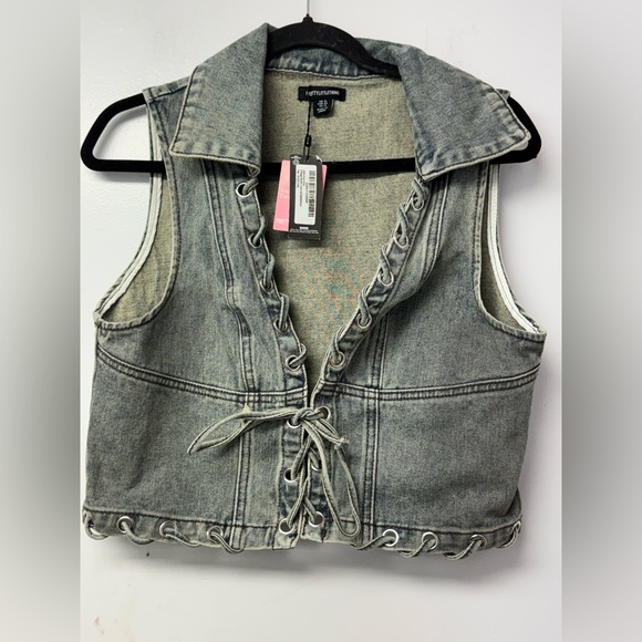 PrettyLittleThing Acid Wash Denim Lace-Up Vest Corset Top US 12 NWT Festival Z - Picture 3 of 9